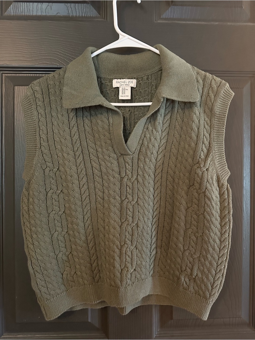 Rachel Zoe Olive Cable-Knit Collared V-Neck Sweater Vest